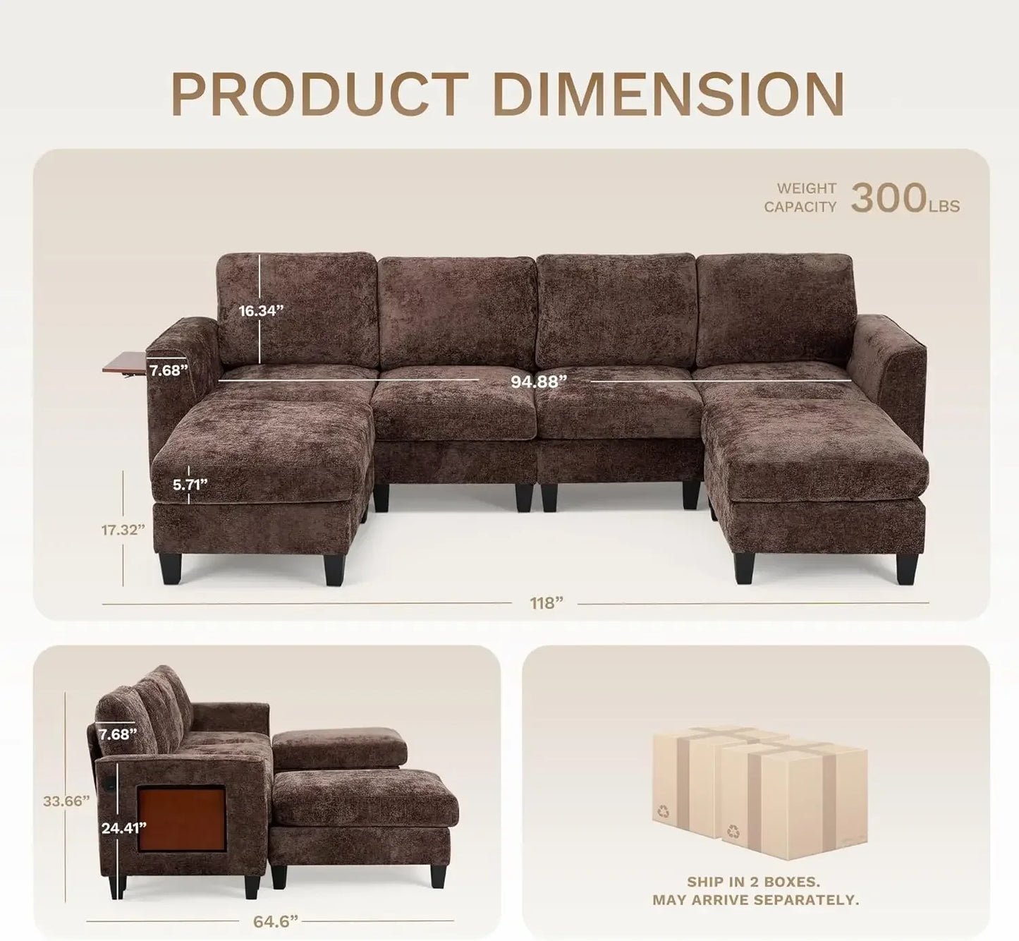 Ljustra 118 Inch U Shaped Sectional Sofa Ottoman Side Table Brown