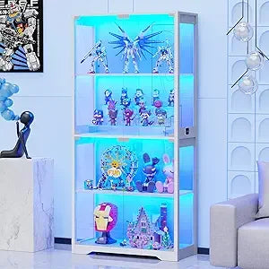 Display Cabinet Curio Case with 4-Tier Glass Doors and LED Lights
