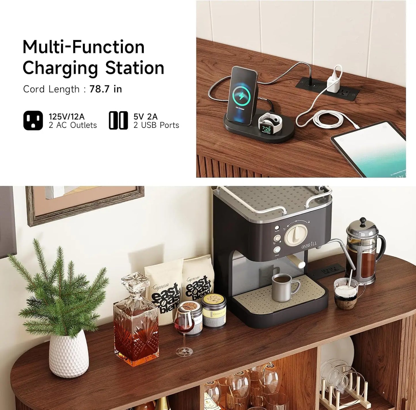 Limited Stock 55 Inch Wine Bar Cabinet with LED Light Modern Storage