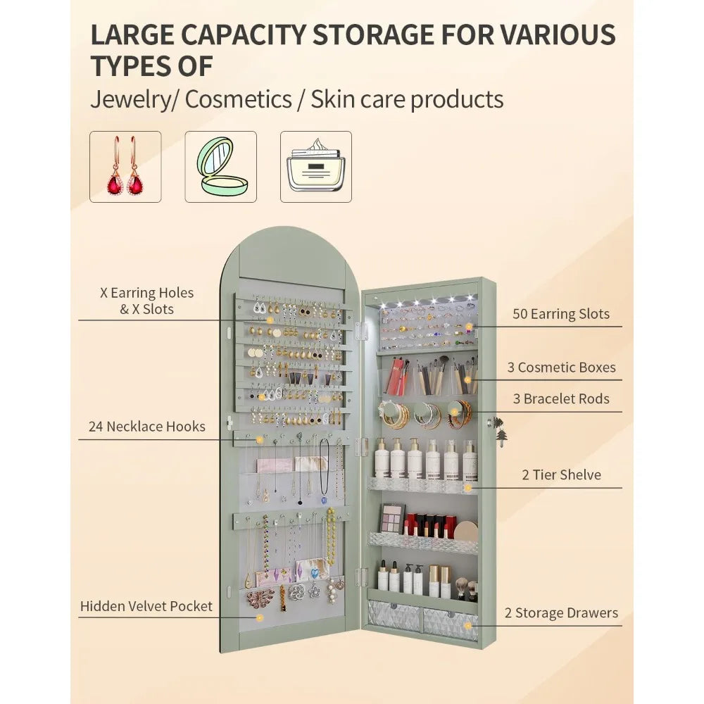 Arched Lighted Mirror Jewelry Cabinet Wall Door Mount Organizer