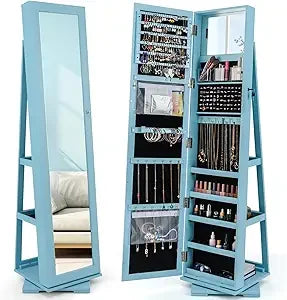 360° Swivel Jewelry Armoire Full Length Mirror Lockable Cabinet Organizer
