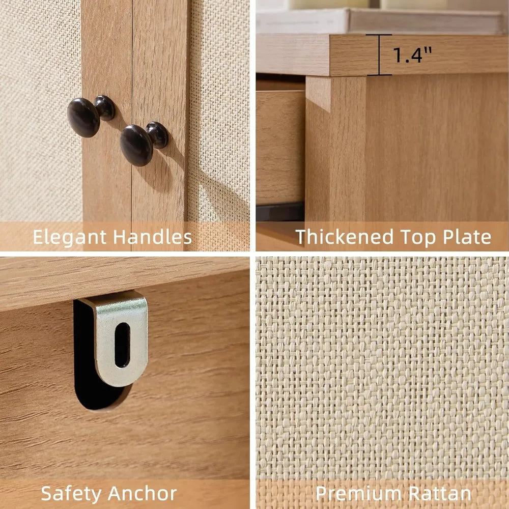 60 Inch Large Sideboard Buffet Cabinet Rattan Accent Storage