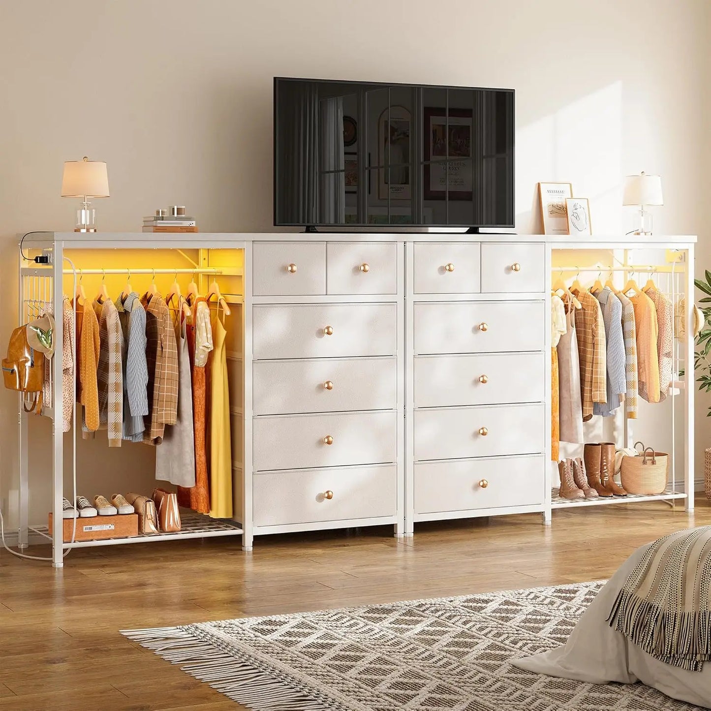 49.2" White Dresser with Hanging Rack 6 Drawers LED Lights Charging Station