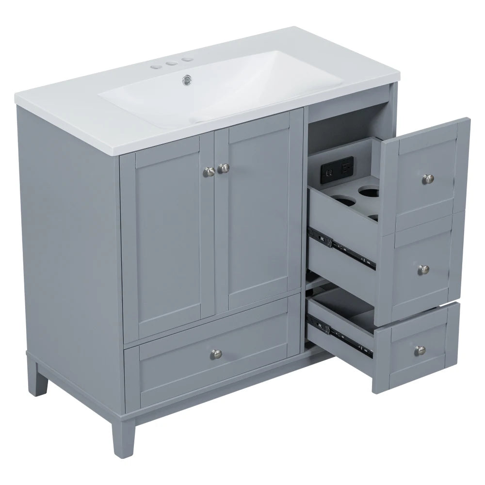 36 Inch Modern Bathroom Vanity with USB Charging and Ample Storage