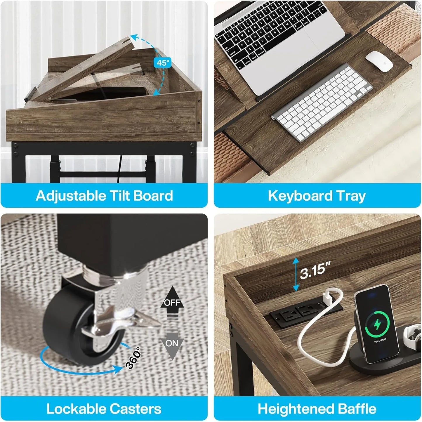 Height Adjustable Overbed Table with Wheels Mobile Laptop Desk Cart
