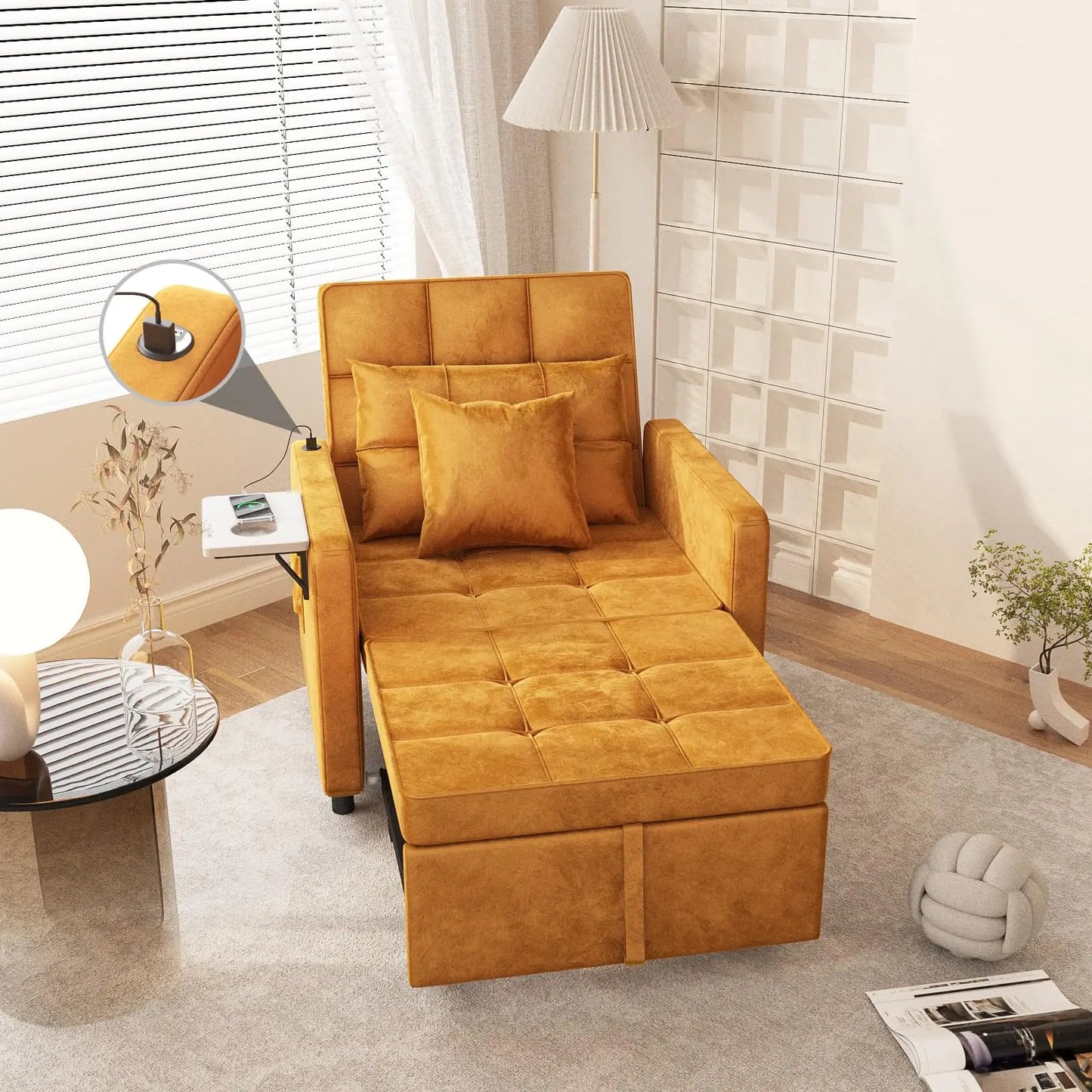 Ljustra Velvet Chaise Lounge Chair with USB Ports 3-in-1 Sofa Bed