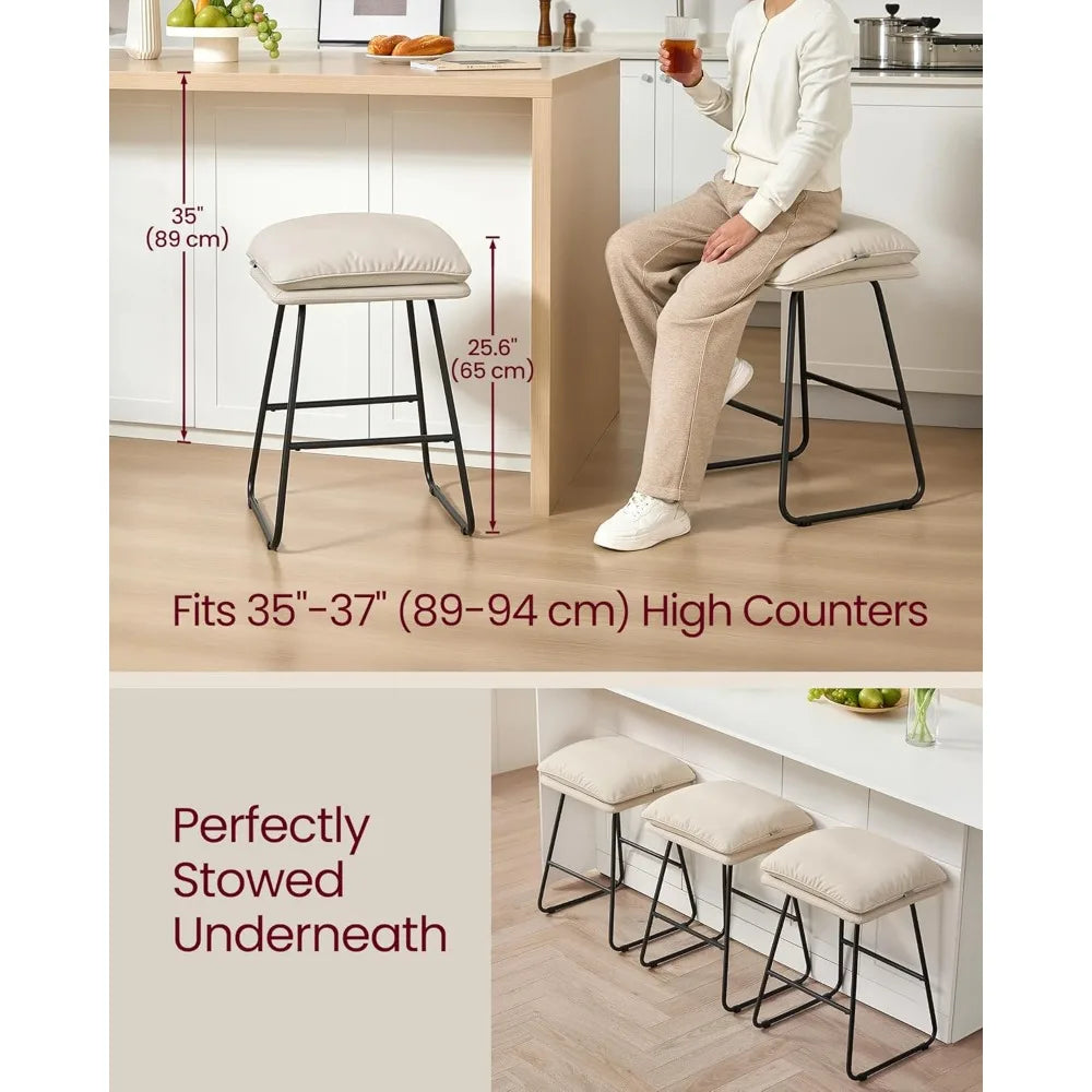 Bar Stools Set of 2 Counter Height Leather Cushion Metal Legs 25.6 In