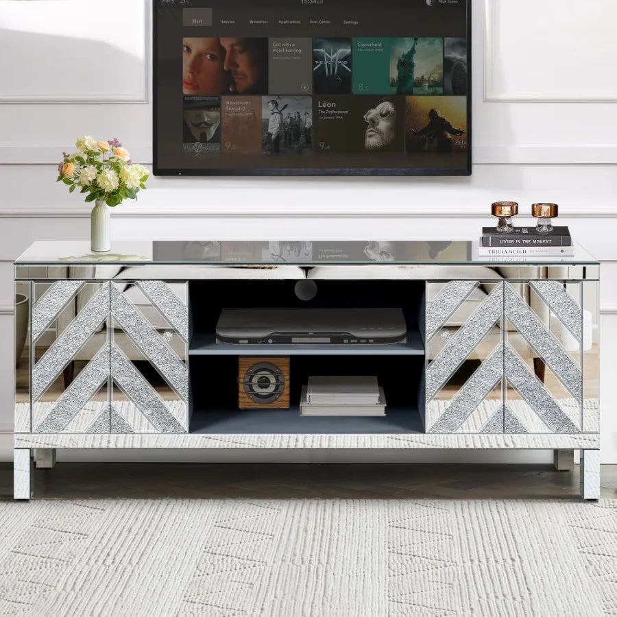 Mirrored TV Stand for 65 Inch TV Console Table with Storage Cabinets