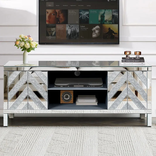 Mirrored TV Stand for 65 Inch TV Console Table with Storage Cabinets