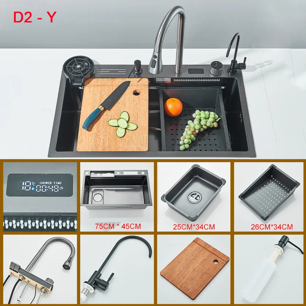 Gold Multifunctional Kitchen Waterfall Sink Digital Display 304 Stainless Steel