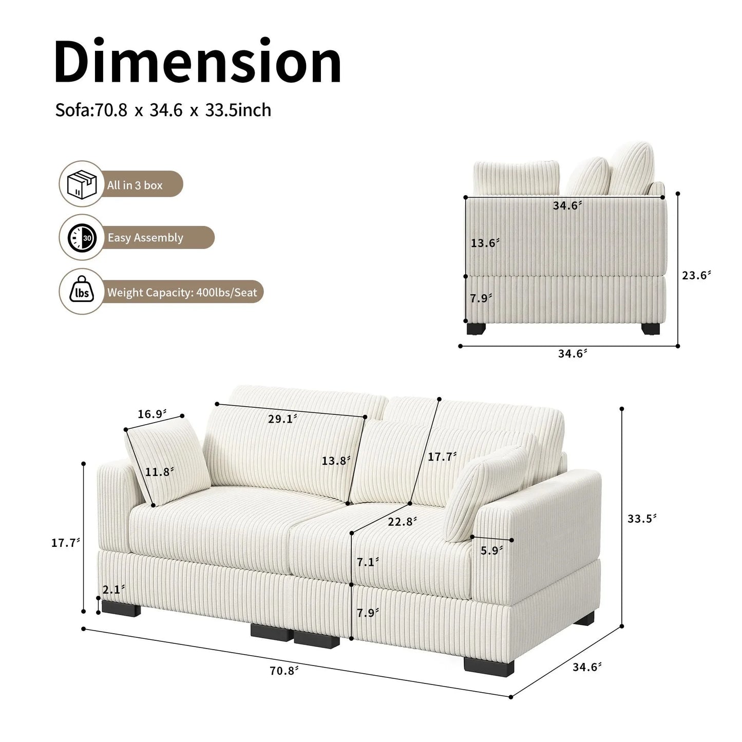 Corduroy Modular Sectional Sofa Modern Cloud Couch Living Room Furniture