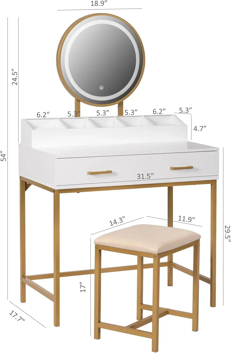 Makeup Vanity Desk with Mirror Lights Drawers Cushioned Stool Set