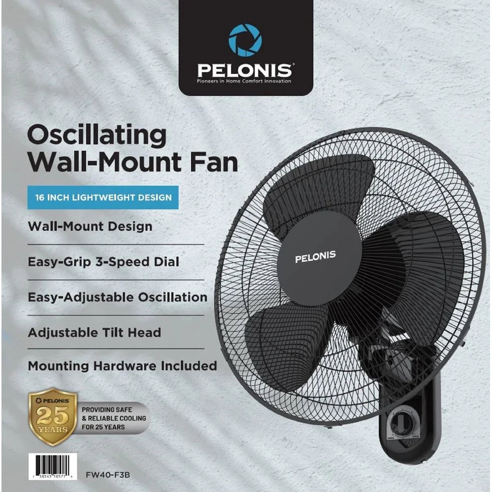 16 Inch Oscillating Wall Mount Fan 3 Speed Adjustable Airflow Whisper Quiet Easy Install Rotating Head Durable Household Cooling