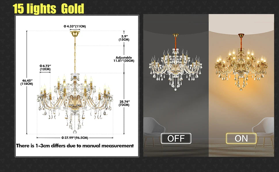 15 Arms Crystal Chandelier Pendant Light Modern K9 for Living Room