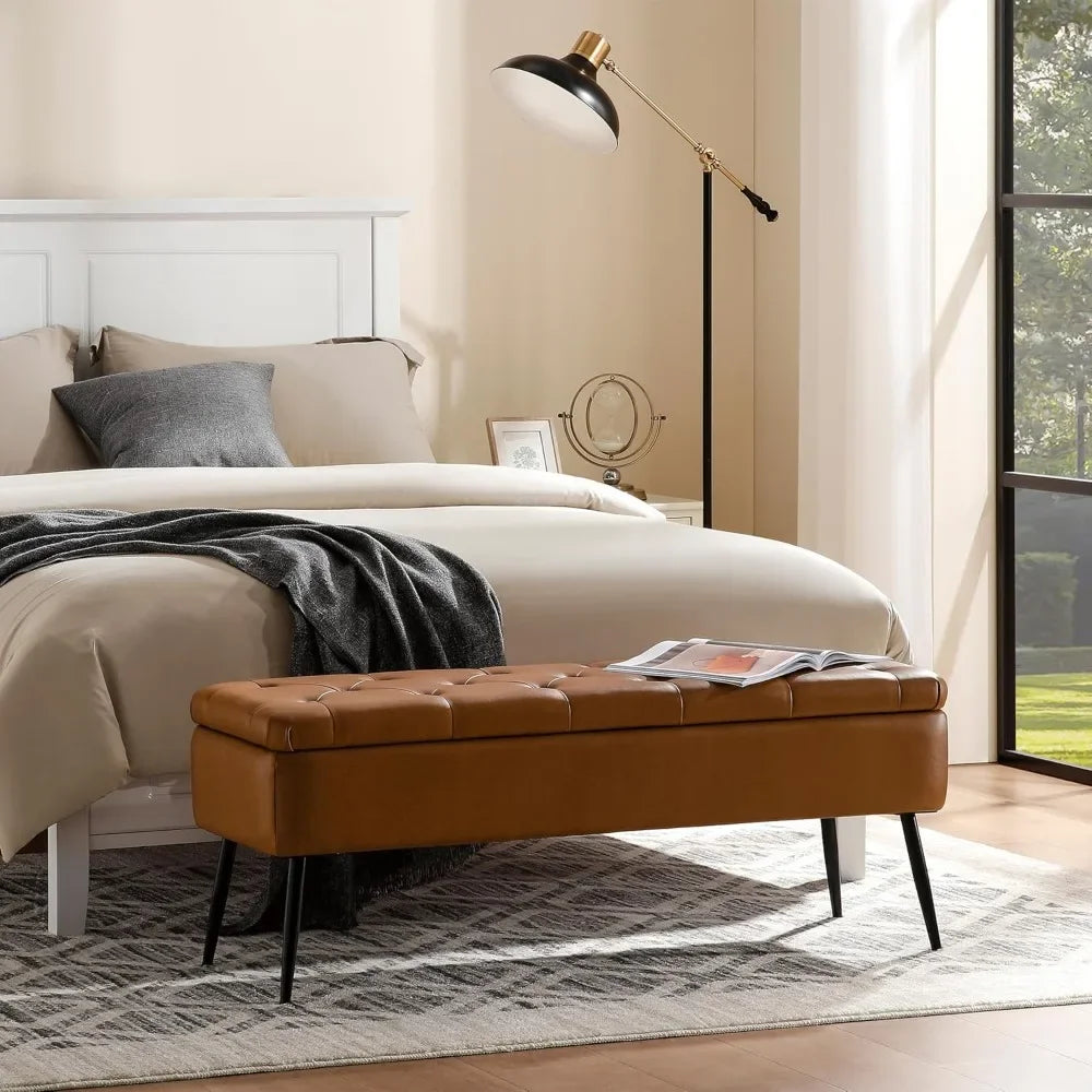 Leather Storage Ottoman Bench Mid-Century Modern Style Living Room Bedroom