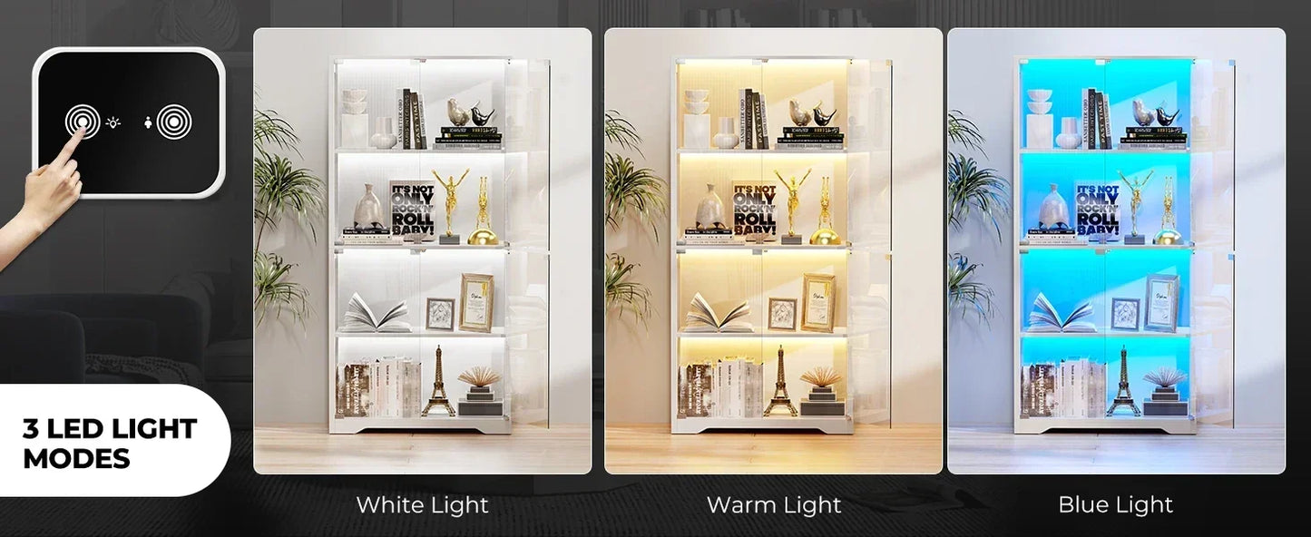 Display Cabinet 4-Tier Curio Cabinet Bookcase with LED Light for Collectibles