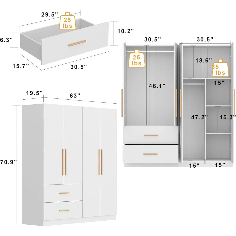 Armoire Wardrobe Closet 4 Doors 2 Hanging Rods White Wooden Storage