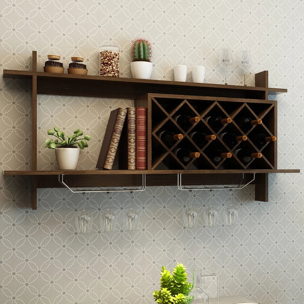 Stylish Wine Rack Wall Mount with Glass Holder Storage Shelf Organizer