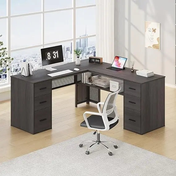L Shaped Desk with Drawers Storage Corner Computer Desk Home Office