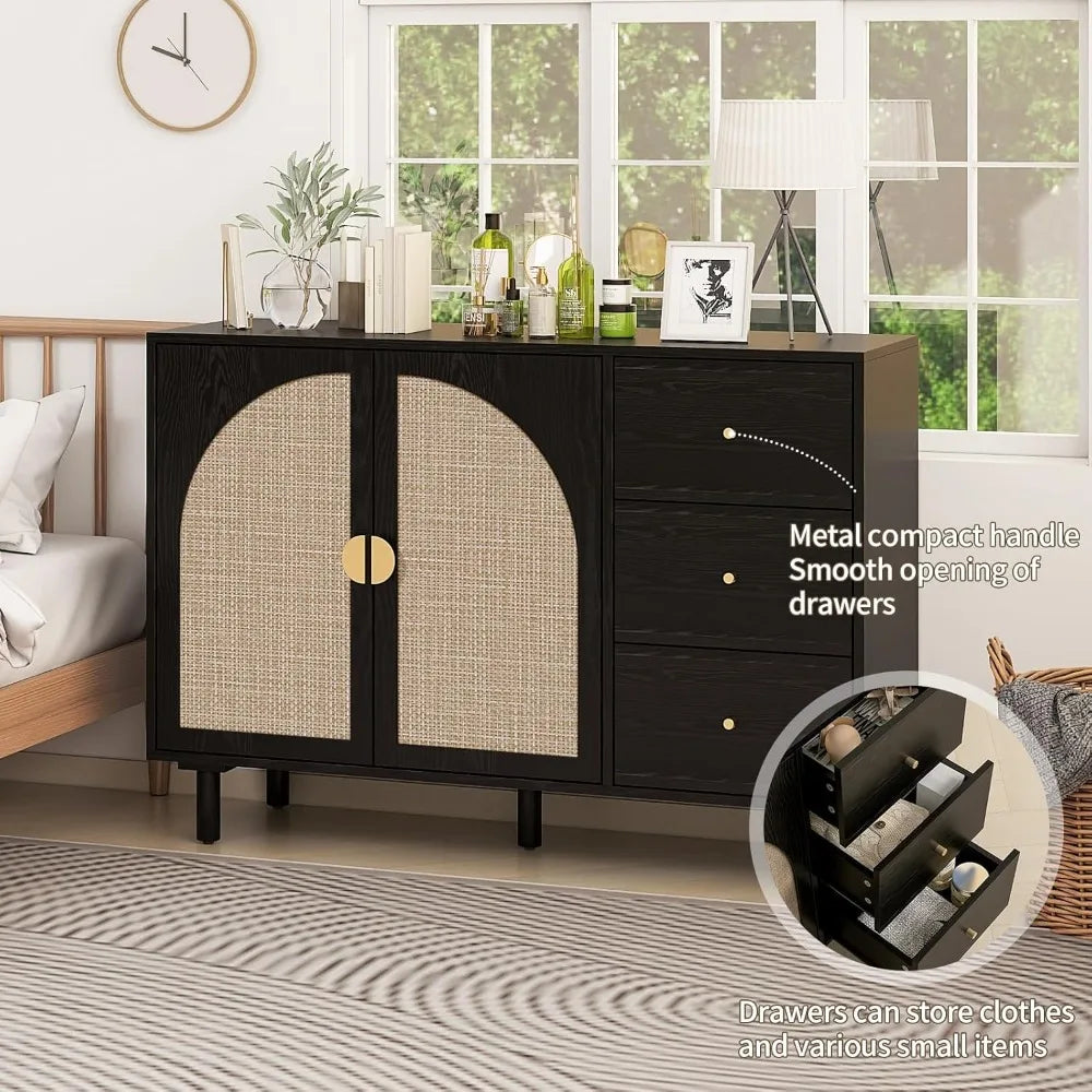 Sideboard Buffet Cabinet Storage Rattan 2 Door 3 Drawer Modern Dresser