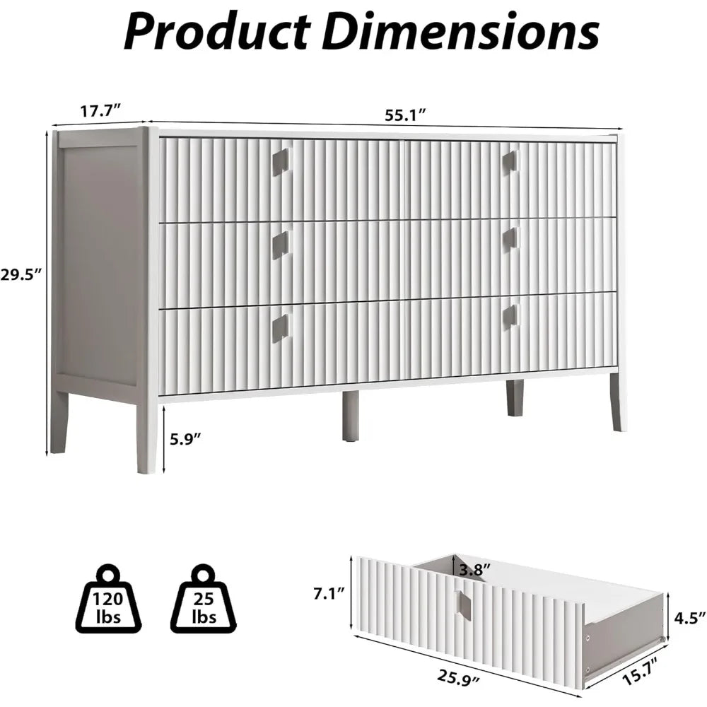 Modern 6 Drawer Dresser Fluted Design Wood Chest of Drawers Storage