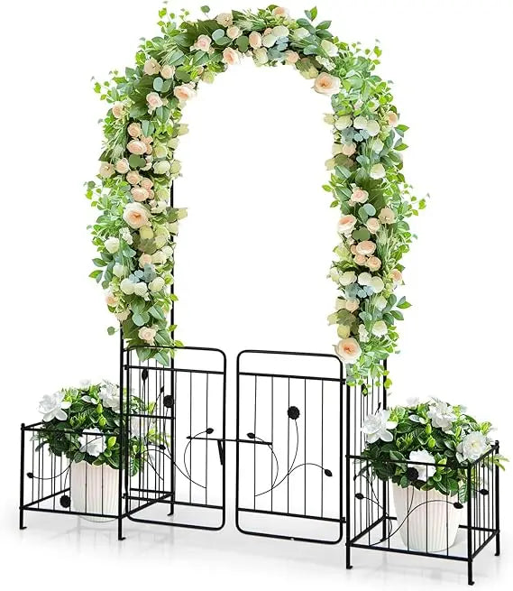 Happygrill Garden Arbor Metal Archway Pergola with Planters and Gate