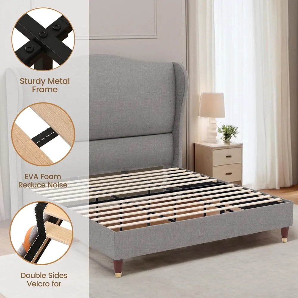 Ljustra 51.4" King Size Bed Frame Upholstered Platform Wingback Design