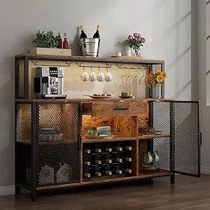 Bar Cabinet 55 Inch Coffee Bar Cabinet with Wine Rack Glass Holder