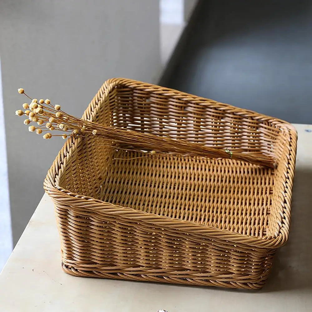 Rectangular Rattan Serving Tray Wicker Storage Basket With Handles
