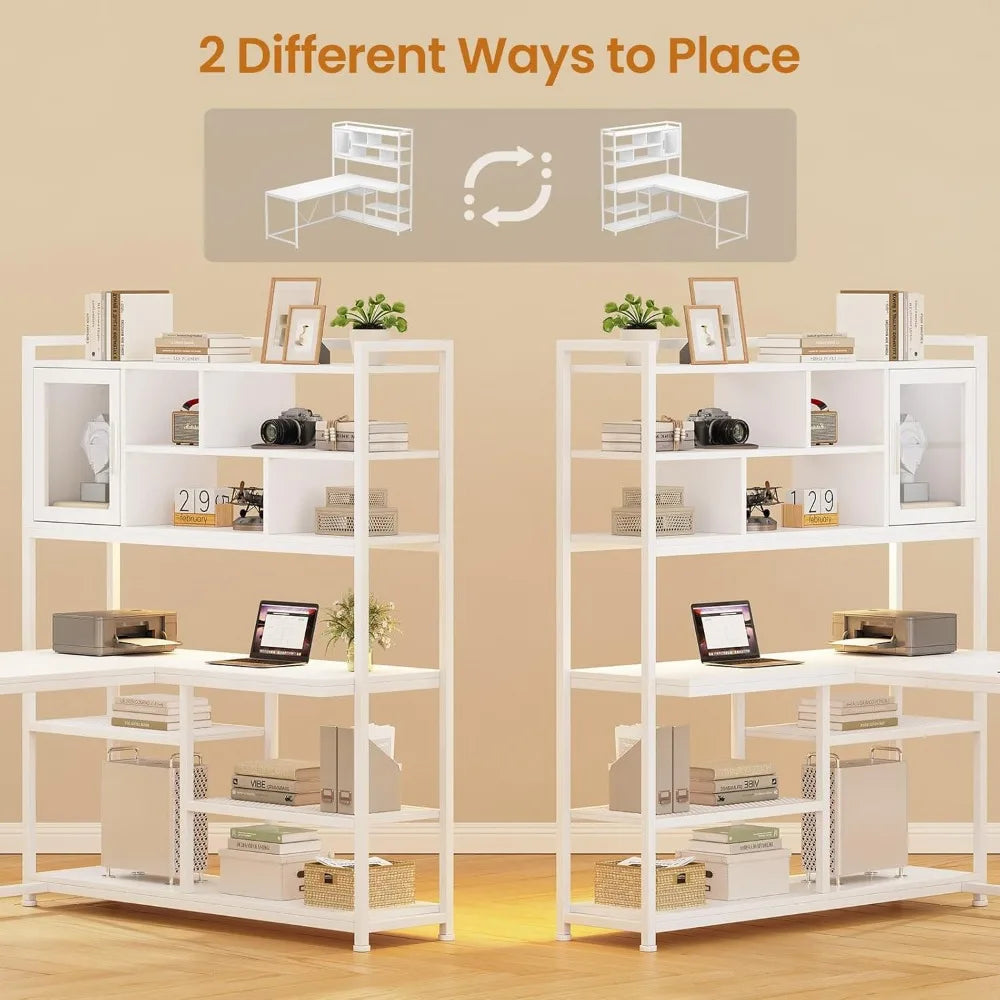 L Shaped Computer Desk with LED Light and Bookshelf for Home Office