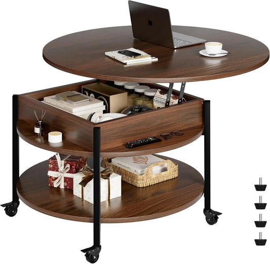 Round Lift Top Coffee Table with Wheels Storage Compartment Living Room