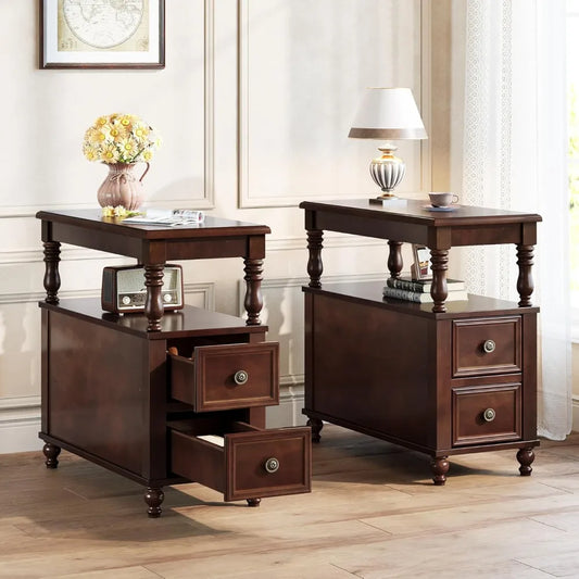 Solid Wood Nightstand 2 Drawers Mid-Century Modern Bedroom Table