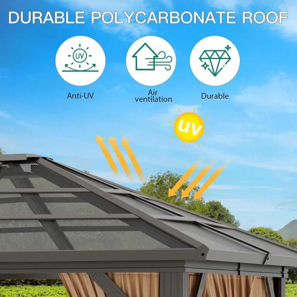 Aluminum Framed Outdoor Pavilion Gazebo with Curtains and Netting 10x12