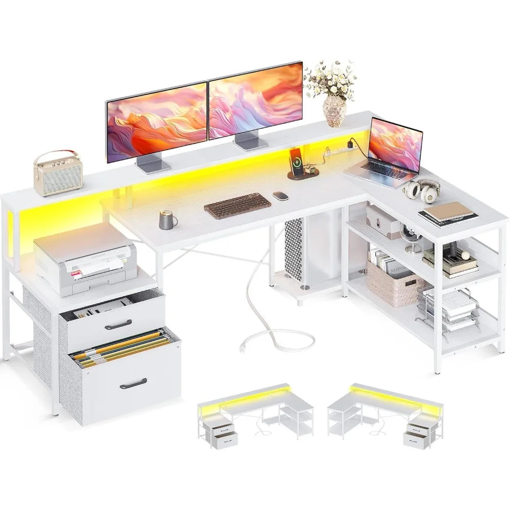 L Shaped Desk with File Drawer Power Outlet LED Lighting Home Office