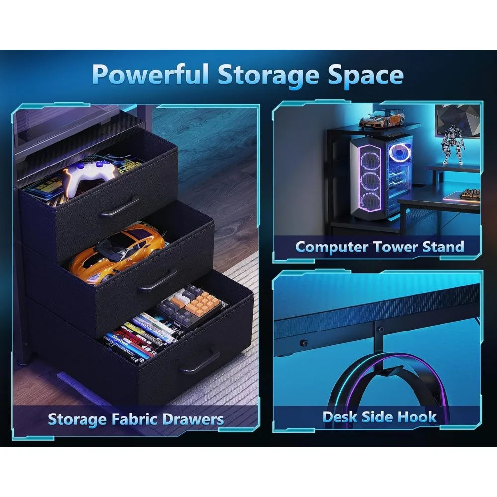 59 Inch Gaming Desk with USB Ports LED Light Reversible Storage Shelves
