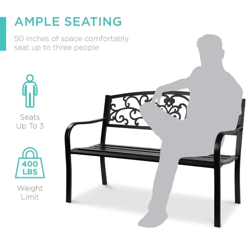 Ljustra Outdoor Steel Garden Bench with Floral Design Backrest