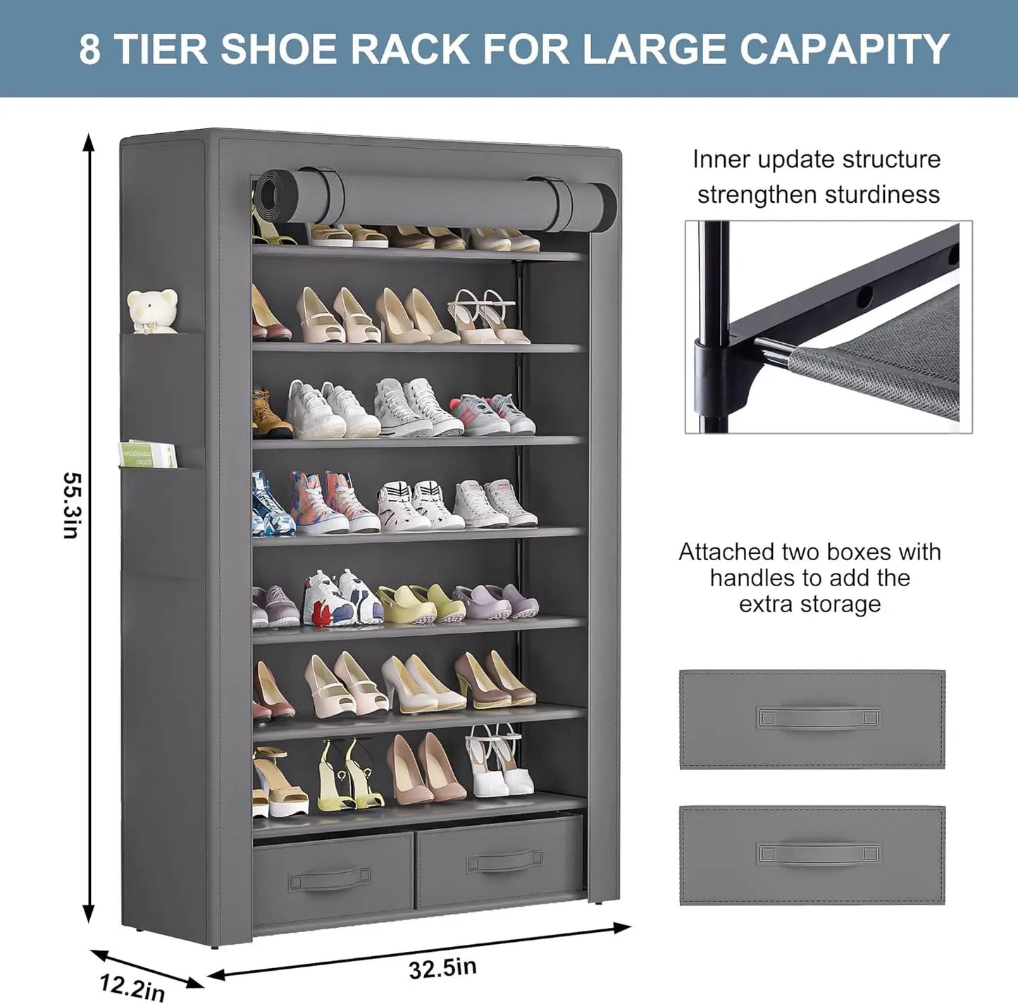 Storage Cabinet 32 Pairs Shoe Organizer Vertical Free Standing Rack