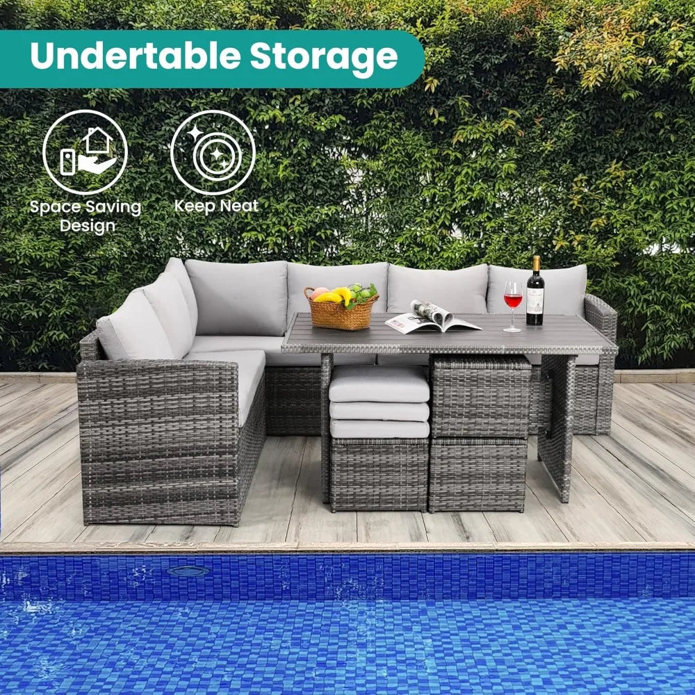 Ljustra 7 Piece Patio Furniture Set Outdoor Dining Table Chairs Ottoman