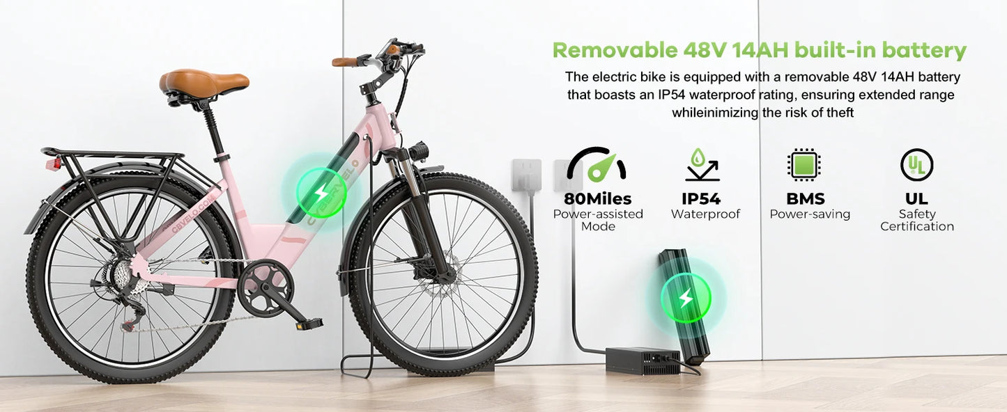 Ljustra 26 Inch Electric Bike 1000W Peak 80 Miles Removable Battery