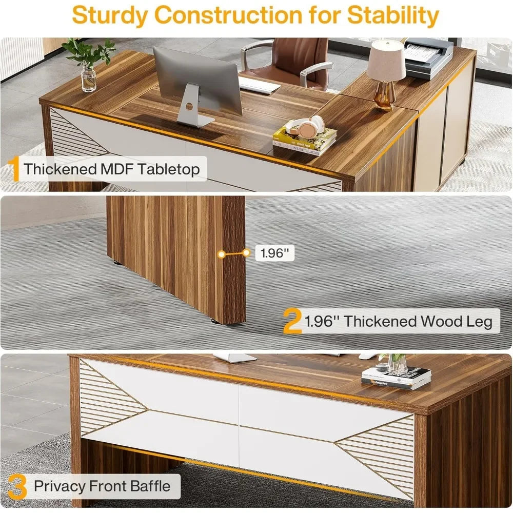 L-Shaped Executive Desk with Mobile Filing Cabinet for Home Office