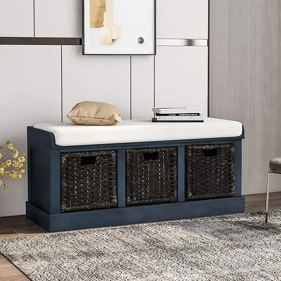 Rustic Storage Bench Entryway Bench with Rattan Baskets and Cushion