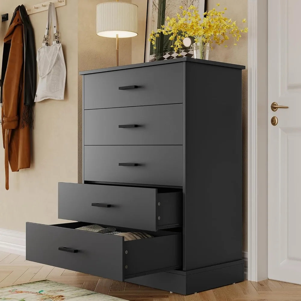 Black 5 Drawer Dresser Wooden Storage Cabinet Tall Chest for Bedroom