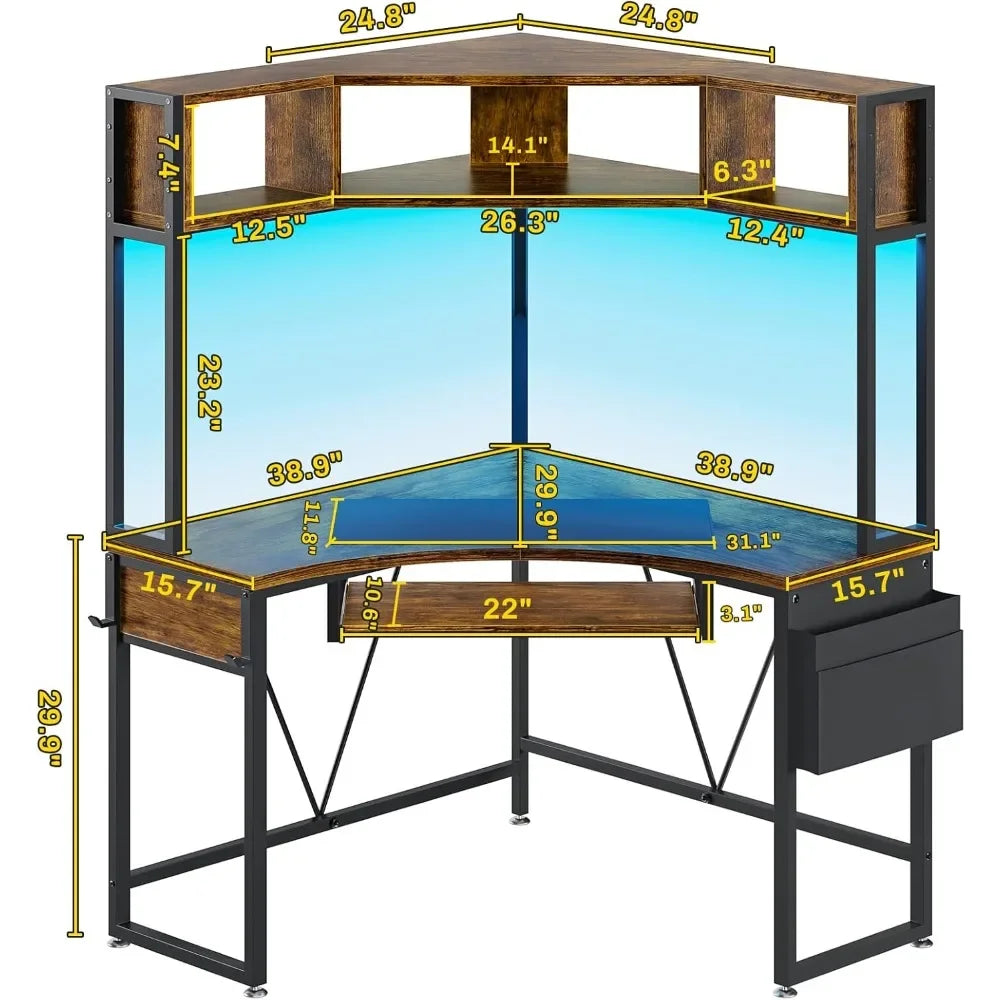 Ljustra Corner Desk Small Computer Desk with Hutch LED Lights