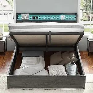 Ljustra Queen Size Lift Up Bed Frame with LED Light Storage Headboard