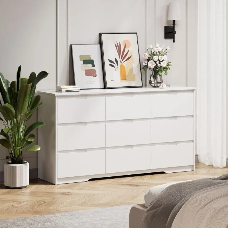 Large White Dresser with 9 Drawers Modern Chest for Bedroom Living Room