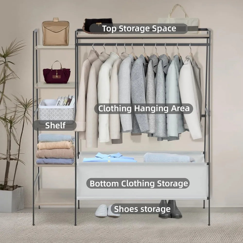 Modern Clothing Rack with Storage Shelves and Bag for Hanging Clothes
