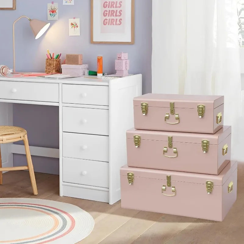 Decorative Box Set 3 Metal Trunks Chest Storage with Lock for Home Decor