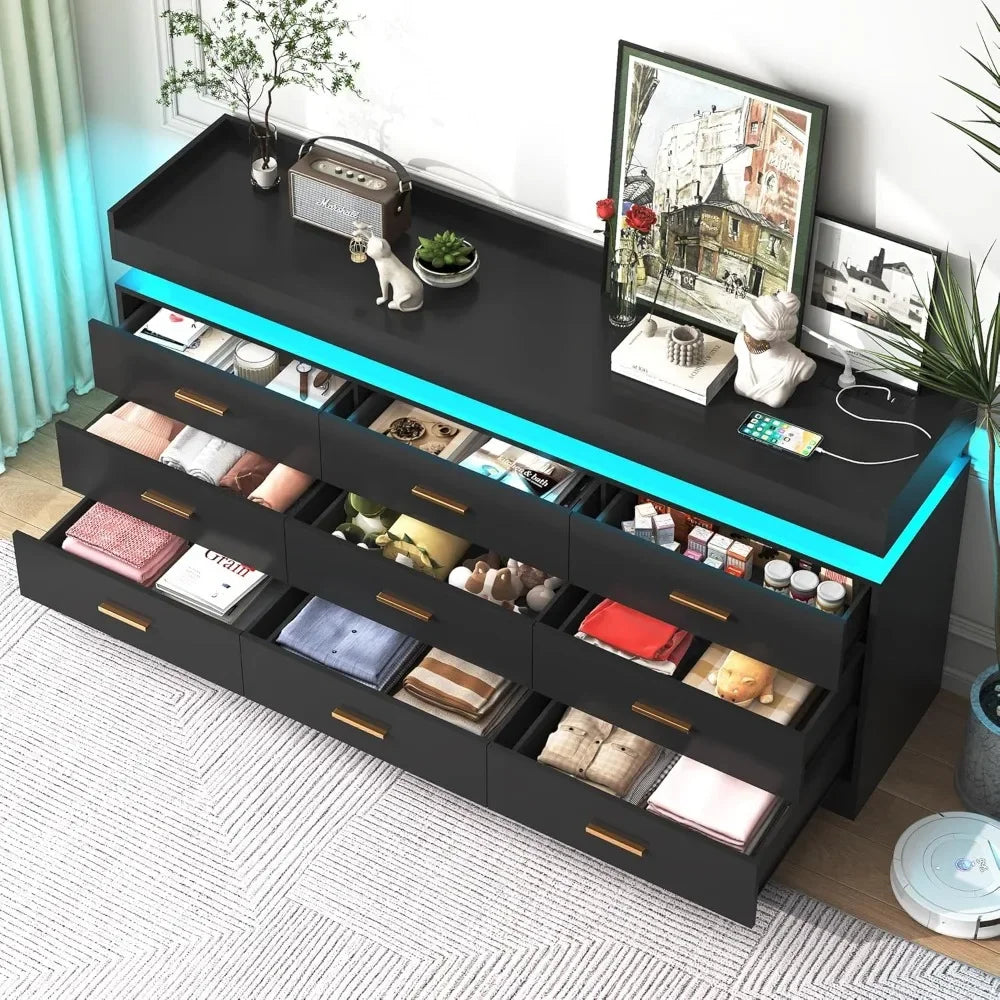 9 Drawer Dresser with Charging Station LED Lights Organizer Cabinet