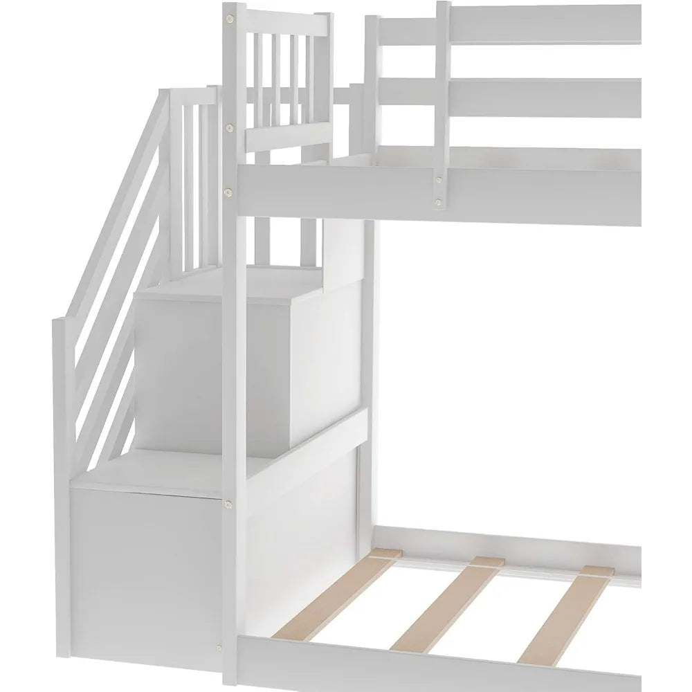 Softsea Twin Over Twin Low Bunk Bed with Slide and Stairs for Kids