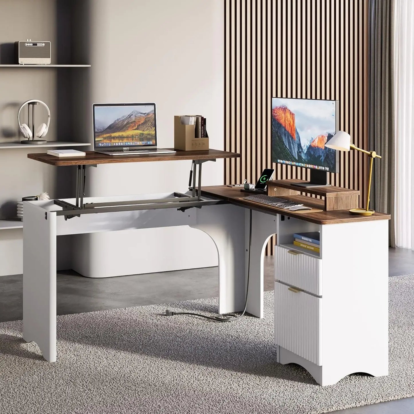 L Shaped Desk with Lift Top Modern Office Desk Fluted Panel Drawers